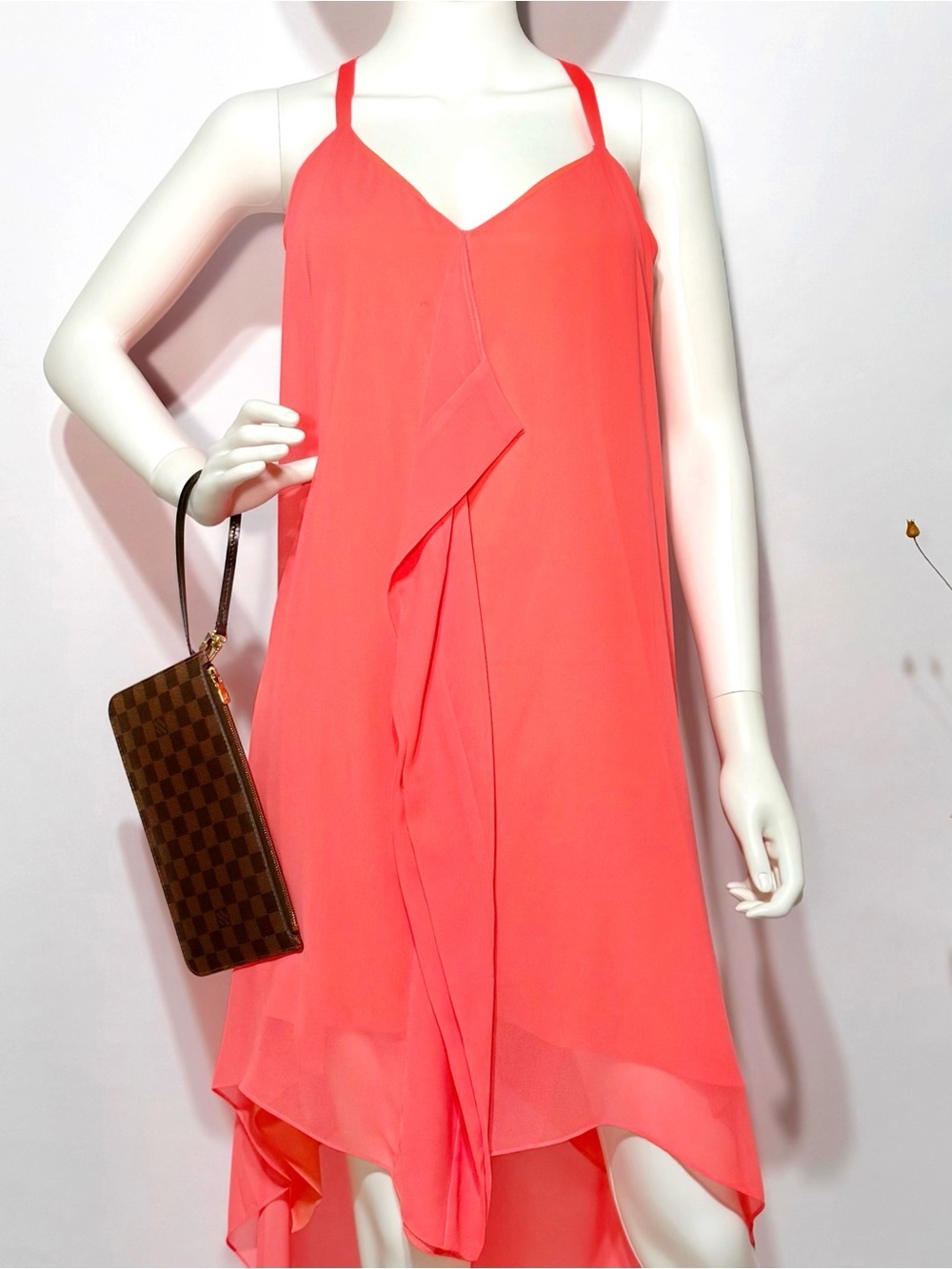 BCBG MaxAzria Coral pink asymmetrical dress with a flowy, boho vibe | Size 4